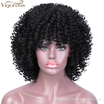Free sample Black Short Kinky Curly Synthetic Wigs With Bangs For Black Women Glueless Heat Resistant fiber lace front Hair Wigs